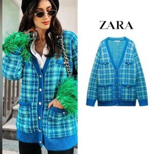 📍FIRM📍Bloggers Fav Zara Blue Plaid Knit Long Cardigan/Jacket NWT